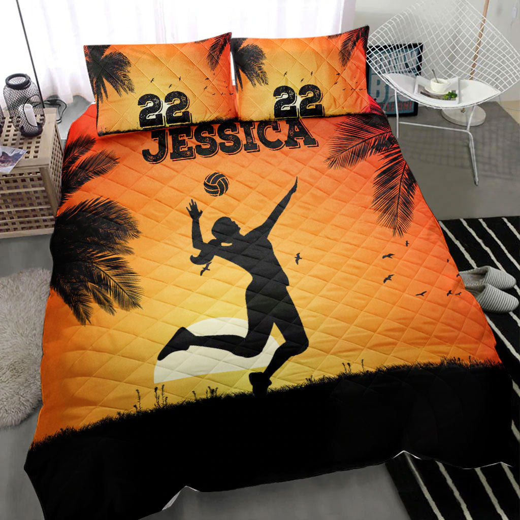 Ohaprints-Quilt-Bed-Set-Pillowcase-Volleyball-Girl-Sunset-Orange-Player-Fan-Gift-Custom-Personalized-Name-Number-Blanket-Bedspread-Bedding-2157-Throw (55'' x 60'')