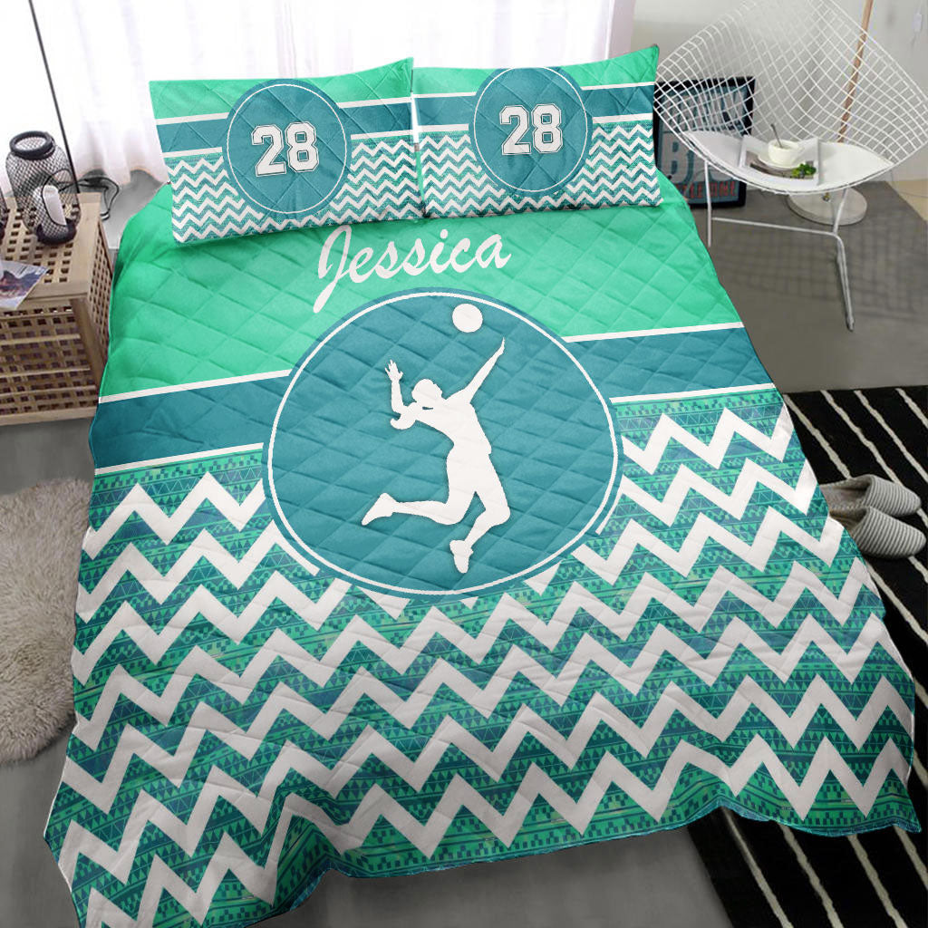 Ohaprints-Quilt-Bed-Set-Pillowcase-Volleyball-Girl-Zig-Zag-Player-Fan-Blue-Green-Custom-Personalized-Name-Number-Blanket-Bedspread-Bedding-400-Throw (55'' x 60'')