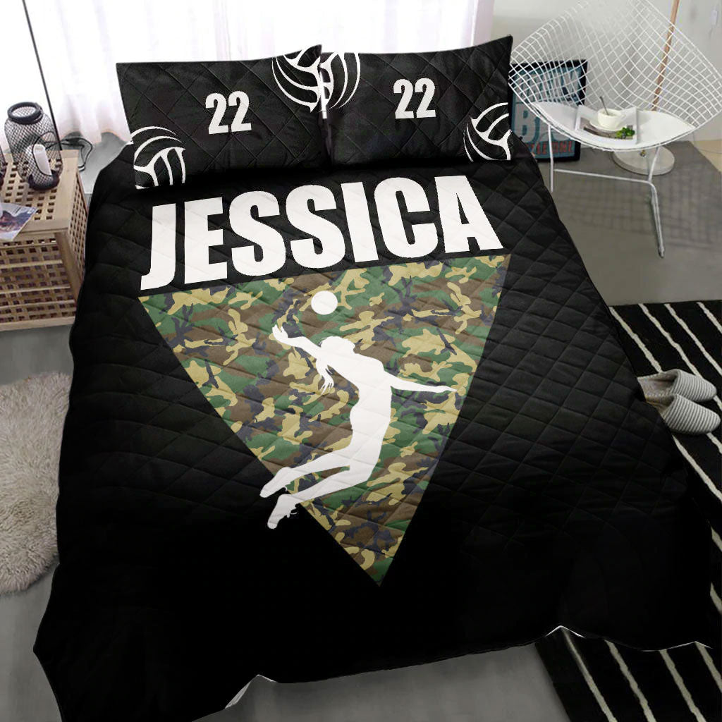 Ohaprints-Quilt-Bed-Set-Pillowcase-Volleyball-Girl-Triangle-Camo-Player-Fan-Black-Custom-Personalized-Name-Number-Blanket-Bedspread-Bedding-461-Throw (55'' x 60'')