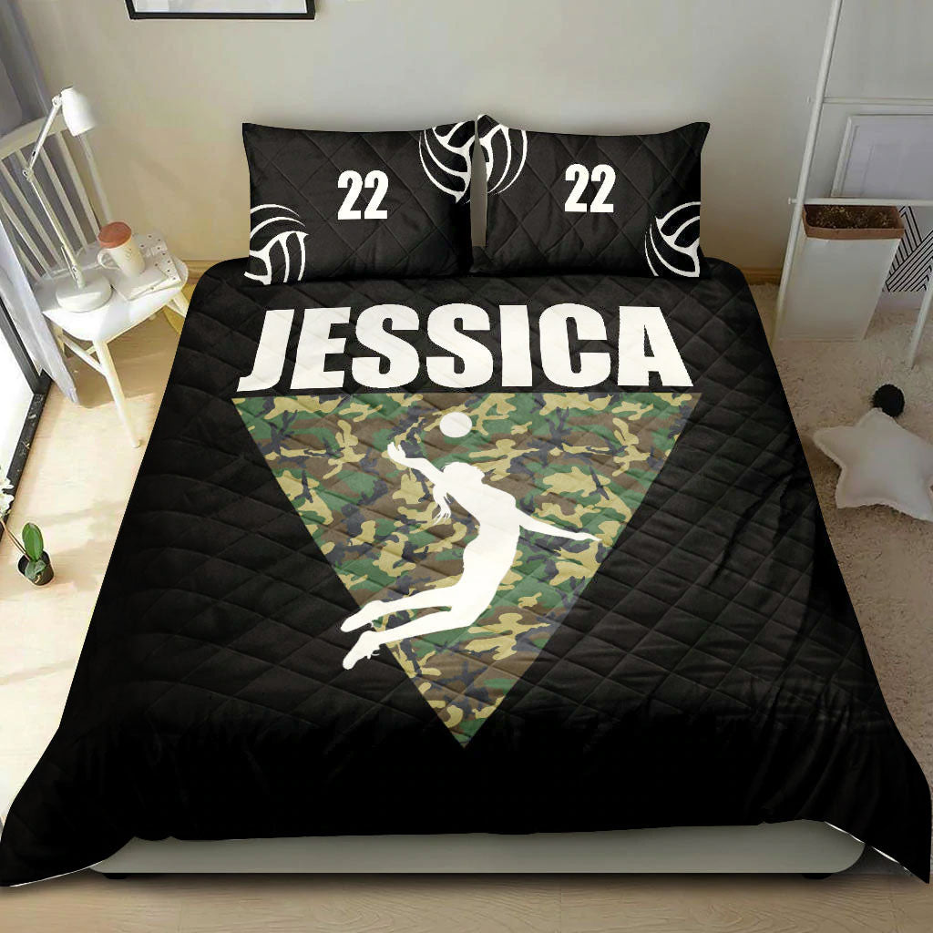 Ohaprints-Quilt-Bed-Set-Pillowcase-Volleyball-Girl-Triangle-Camo-Player-Fan-Black-Custom-Personalized-Name-Number-Blanket-Bedspread-Bedding-461-Double (70'' x 80'')