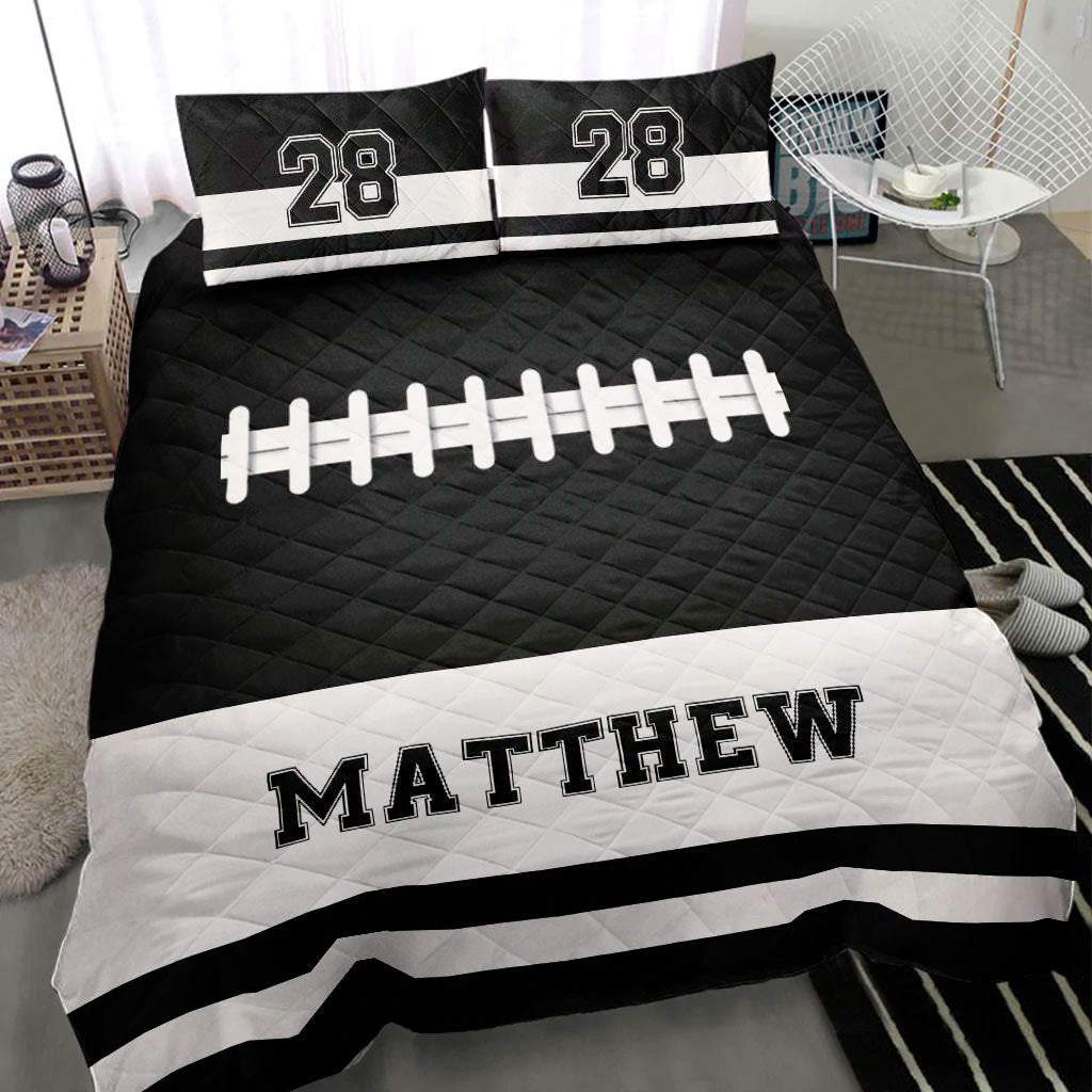 Ohaprints-Quilt-Bed-Set-Pillowcase-America-Football-Black-White-Player-Fan-Gift-Custom-Personalized-Name-Number-Blanket-Bedspread-Bedding-2219-Throw (55'' x 60'')