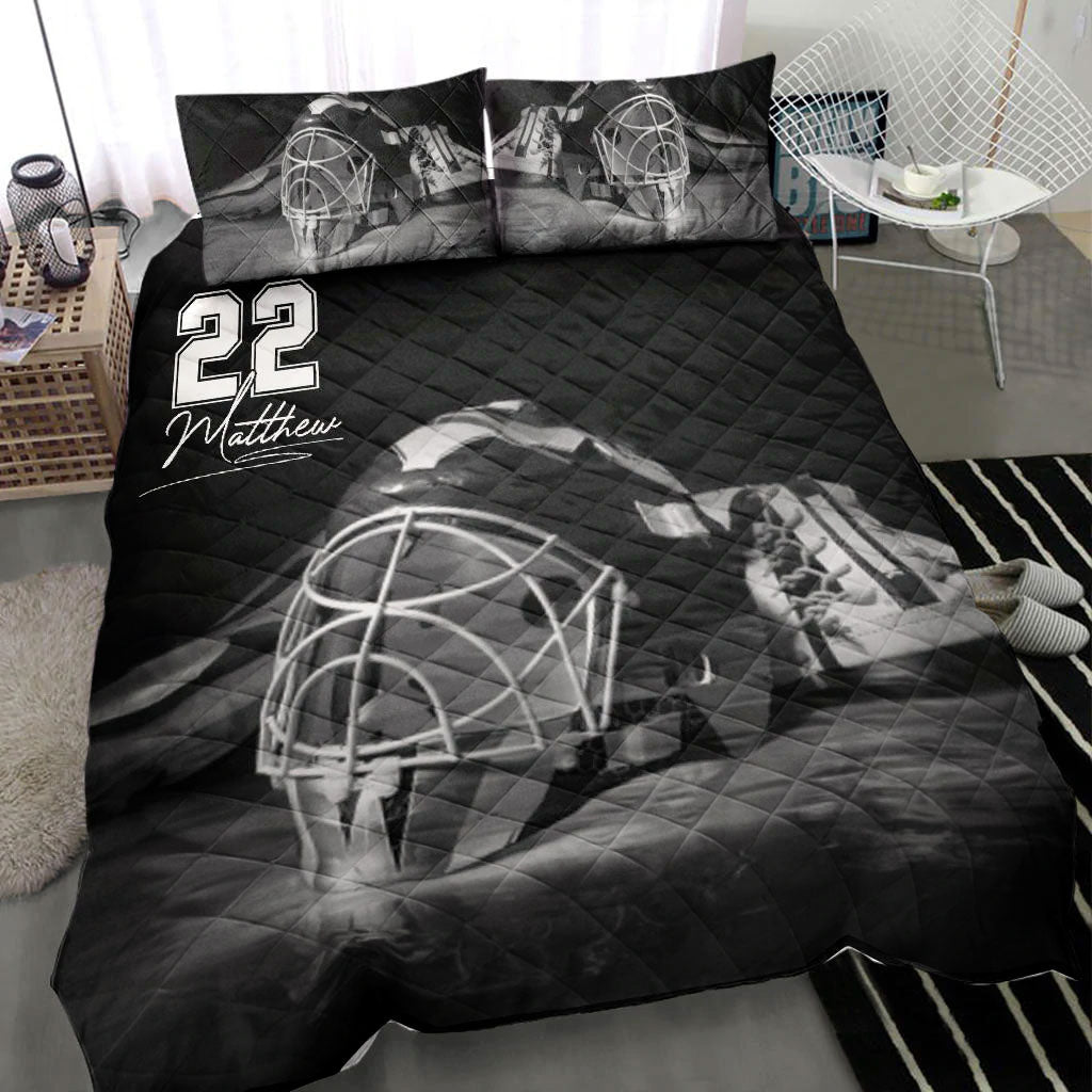 Ohaprints-Quilt-Bed-Set-Pillowcase-Hockey-Helmet-Player-Fan-Gift-Idea-Black-Grey-Custom-Personalized-Name-Number-Blanket-Bedspread-Bedding-1053-Throw (55'' x 60'')