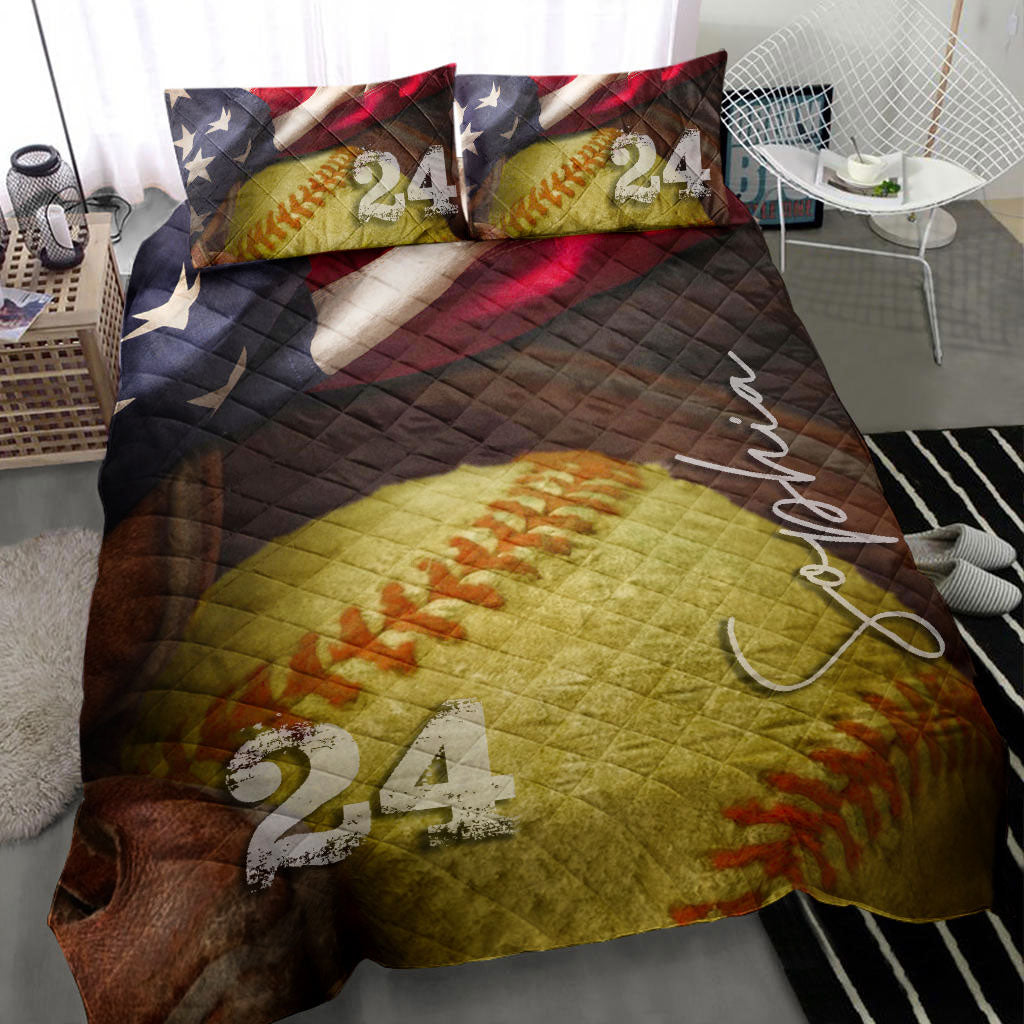 Ohaprints-Quilt-Bed-Set-Pillowcase-Softball-Ball-America-Flag-Player-Fan-Gift-Custom-Personalized-Name-Number-Blanket-Bedspread-Bedding-1041-Throw (55'' x 60'')