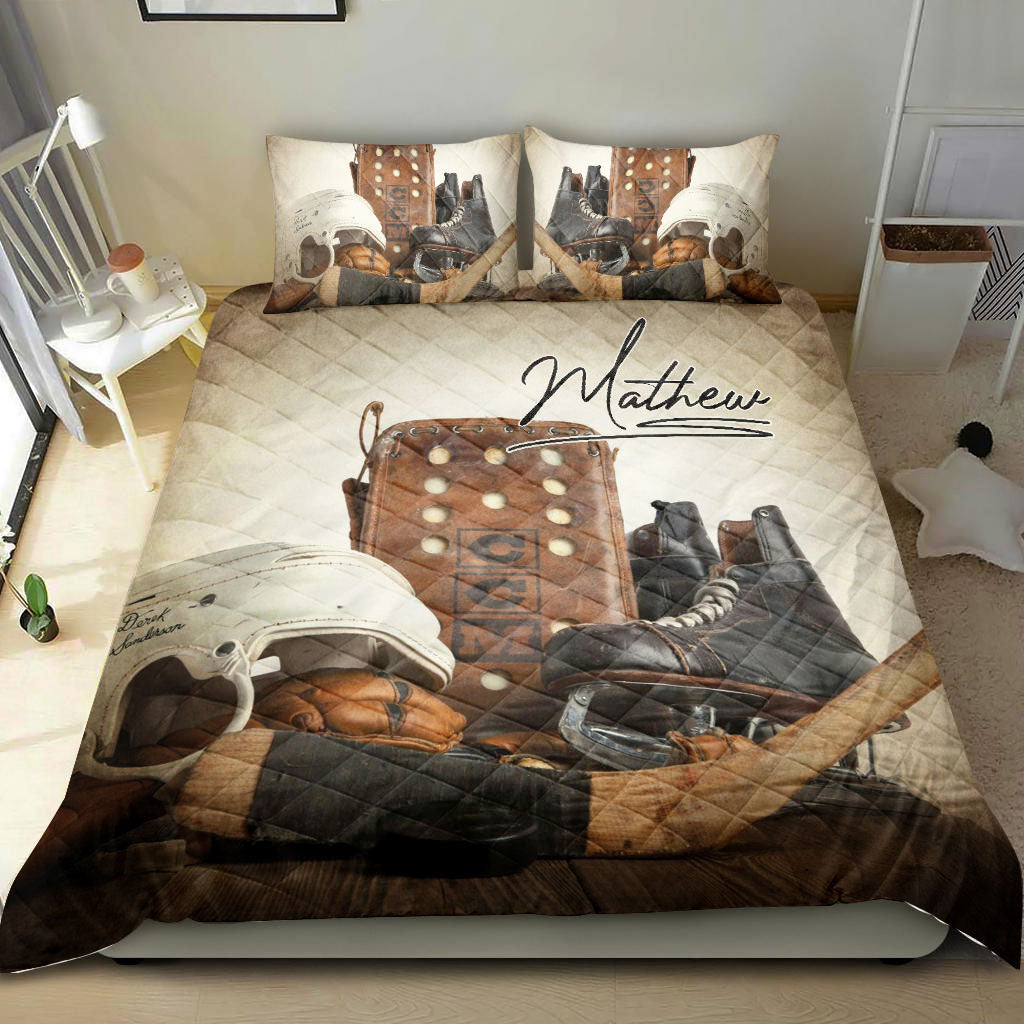 Ohaprints-Quilt-Bed-Set-Pillowcase-Hockey-Stuff-Puck-Vintage-Beige-Player-Fan-Gift-Idea-Custom-Personalized-Name-Blanket-Bedspread-Bedding-1640-Double (70'' x 80'')