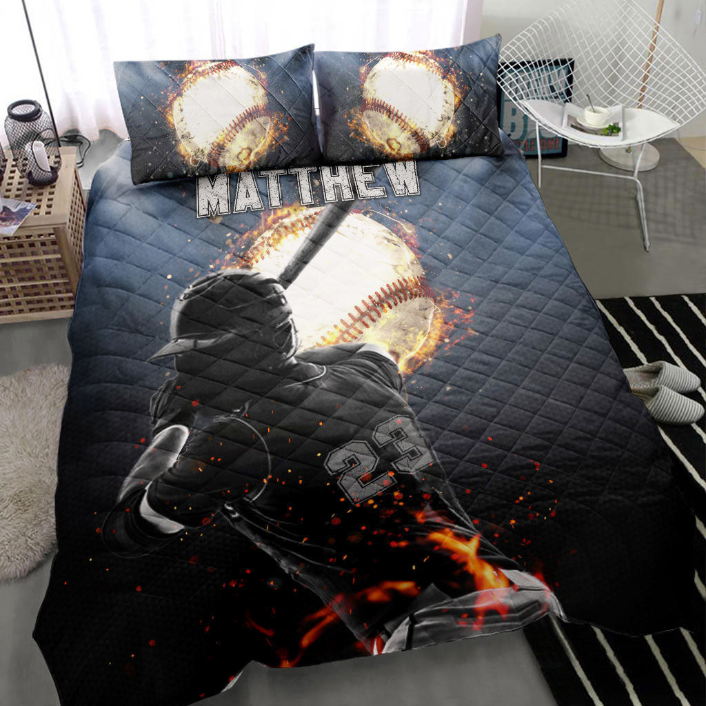Ohaprints-Quilt-Bed-Set-Pillowcase-Baseball-Boy-Fire-Ball-Batter-Pose-Player-Fan-Custom-Personalized-Name-Number-Blanket-Bedspread-Bedding-1058-Throw (55'' x 60'')