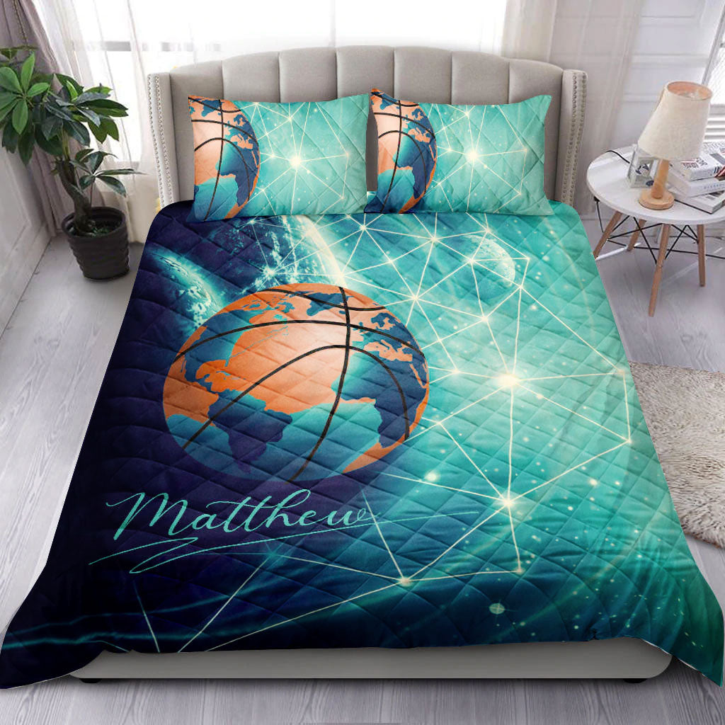 Ohaprints-Quilt-Bed-Set-Pillowcase-Basketball-Ball-Earth-Player-Fan-Gift-Idea-Turquoise-Custom-Personalized-Name-Blanket-Bedspread-Bedding-404-Double (70'' x 80'')