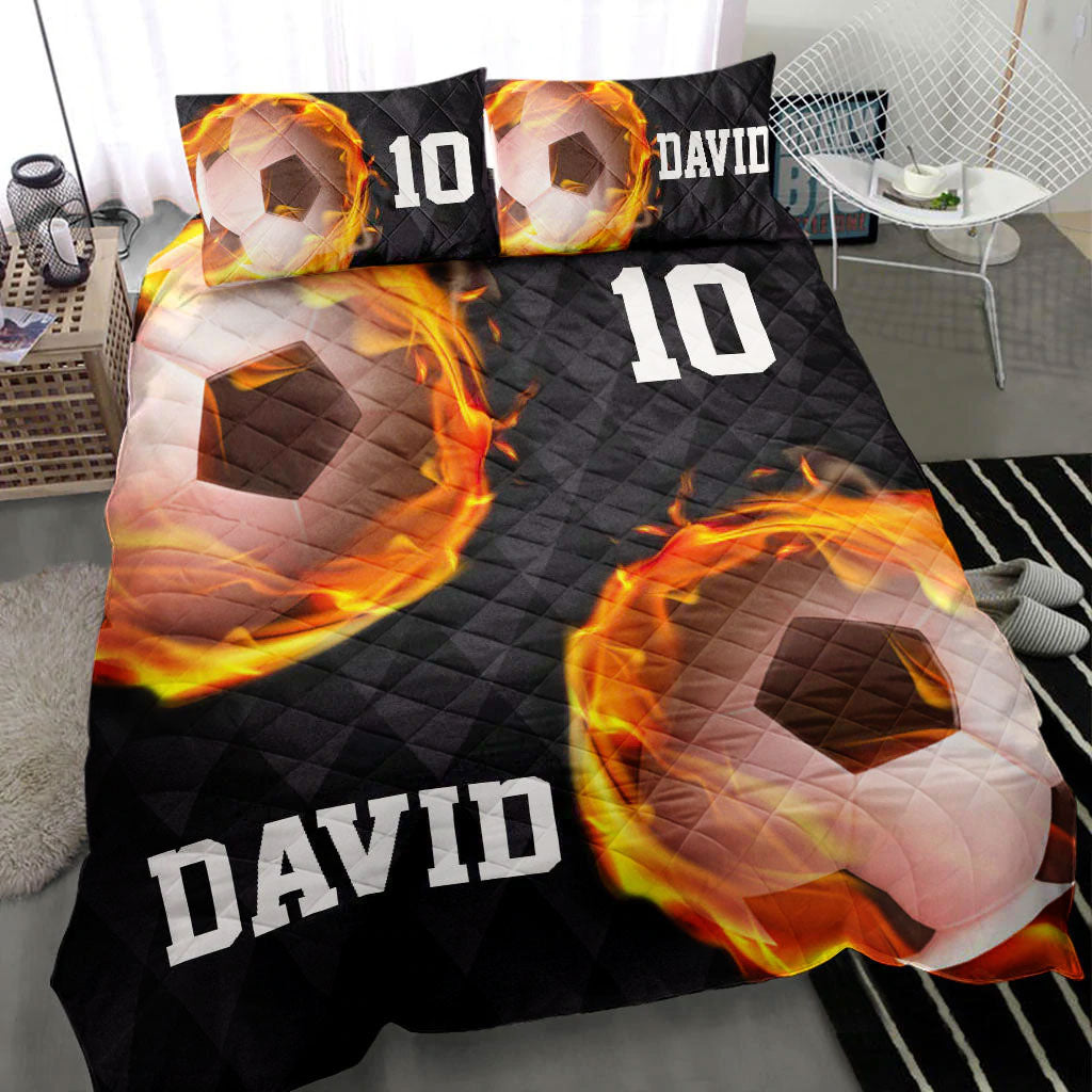 Ohaprints-Quilt-Bed-Set-Pillowcase-Soccer-Fire-Ball-Player-Fan-Unique-Gift-Black-Custom-Personalized-Name-Number-Blanket-Bedspread-Bedding-996-Throw (55'' x 60'')
