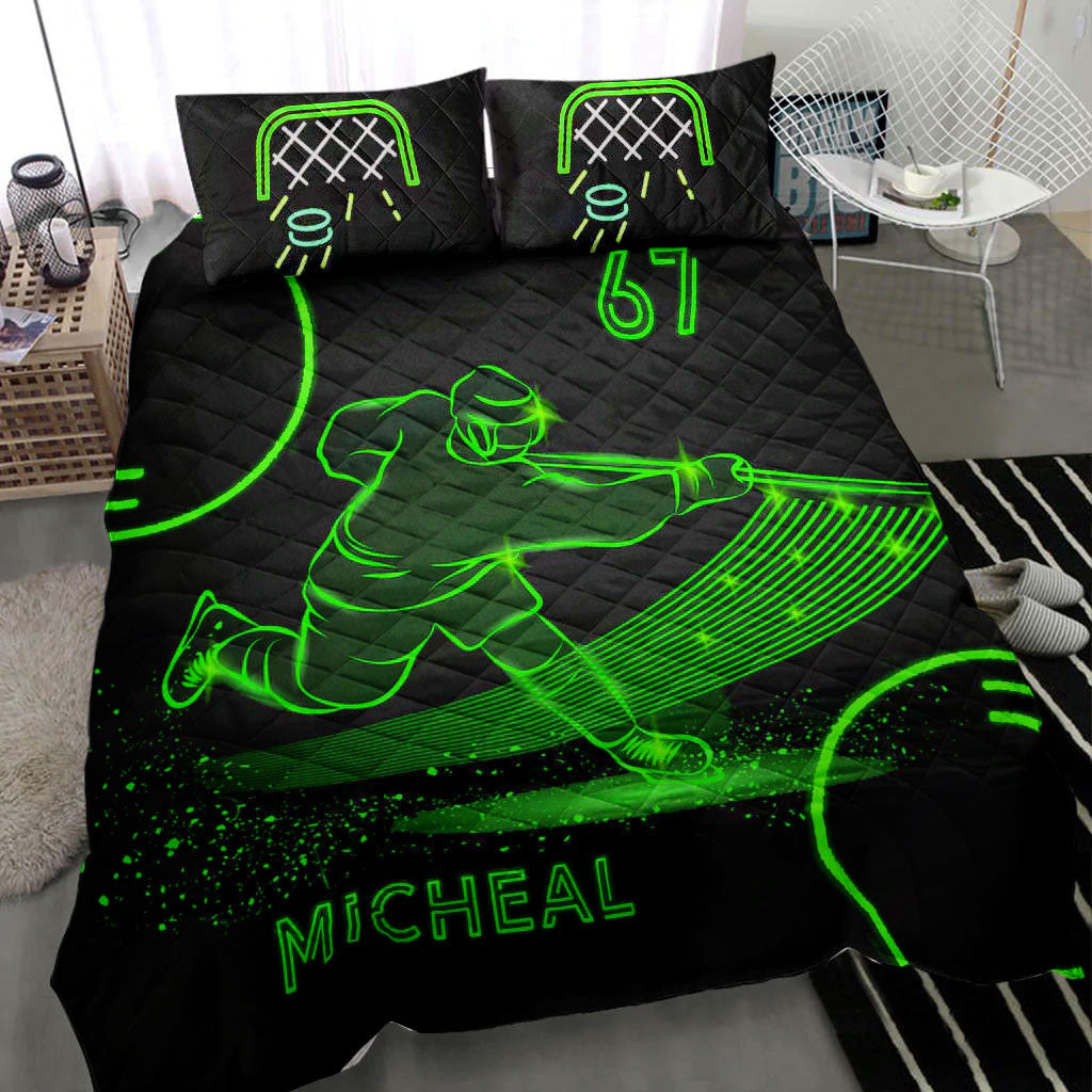 Ohaprints-Quilt-Bed-Set-Pillowcase-Ice-Hockey-Neon-Green-Player-Fan-Gift-Black-Custom-Personalized-Name-Number-Blanket-Bedspread-Bedding-1641-Throw (55'' x 60'')