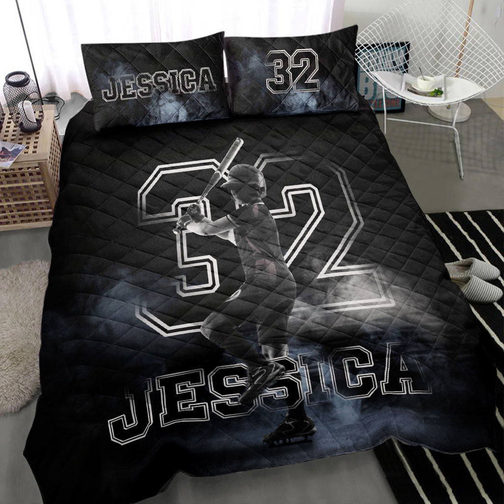 Ohaprints-Quilt-Bed-Set-Pillowcase-Softball-Fog-Batter-Player-Fan-Gift-Idea-Black-Custom-Personalized-Name-Number-Blanket-Bedspread-Bedding-405-Throw (55'' x 60'')