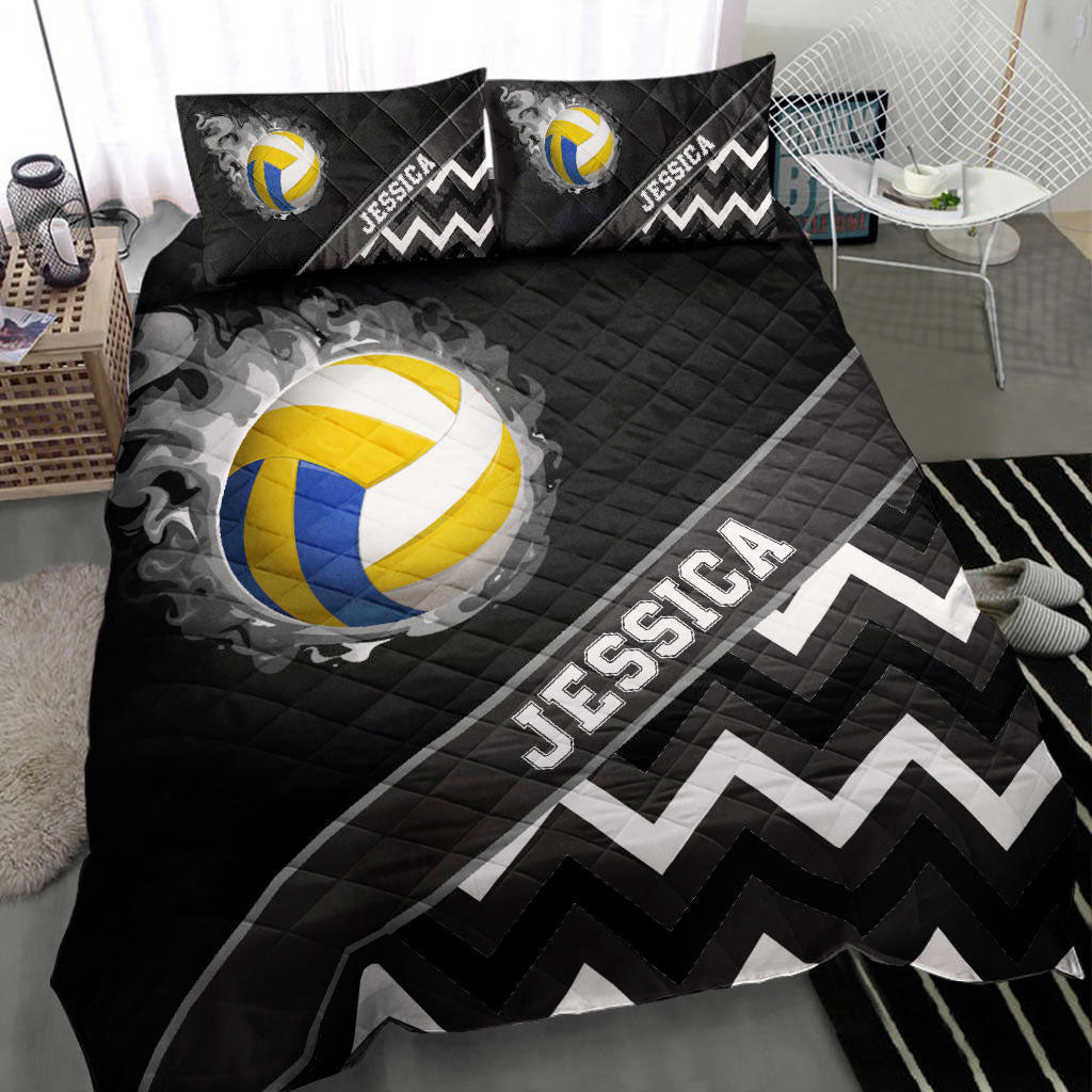 Ohaprints-Quilt-Bed-Set-Pillowcase-Volleyball-Ball-Smoke-Zig-Zag-Player-Fan-Gift-Black-Custom-Personalized-Name-Blanket-Bedspread-Bedding-1060-Throw (55'' x 60'')