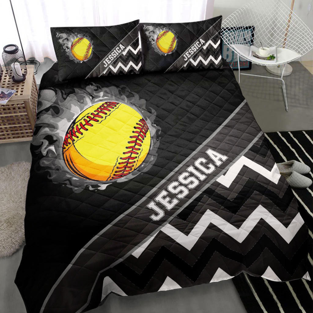 Ohaprints-Quilt-Bed-Set-Pillowcase-Softball-Ball-Smoke-Zig-Zag-Player-Fan-Gift-Black-Custom-Personalized-Name-Blanket-Bedspread-Bedding-1643-Throw (55'' x 60'')