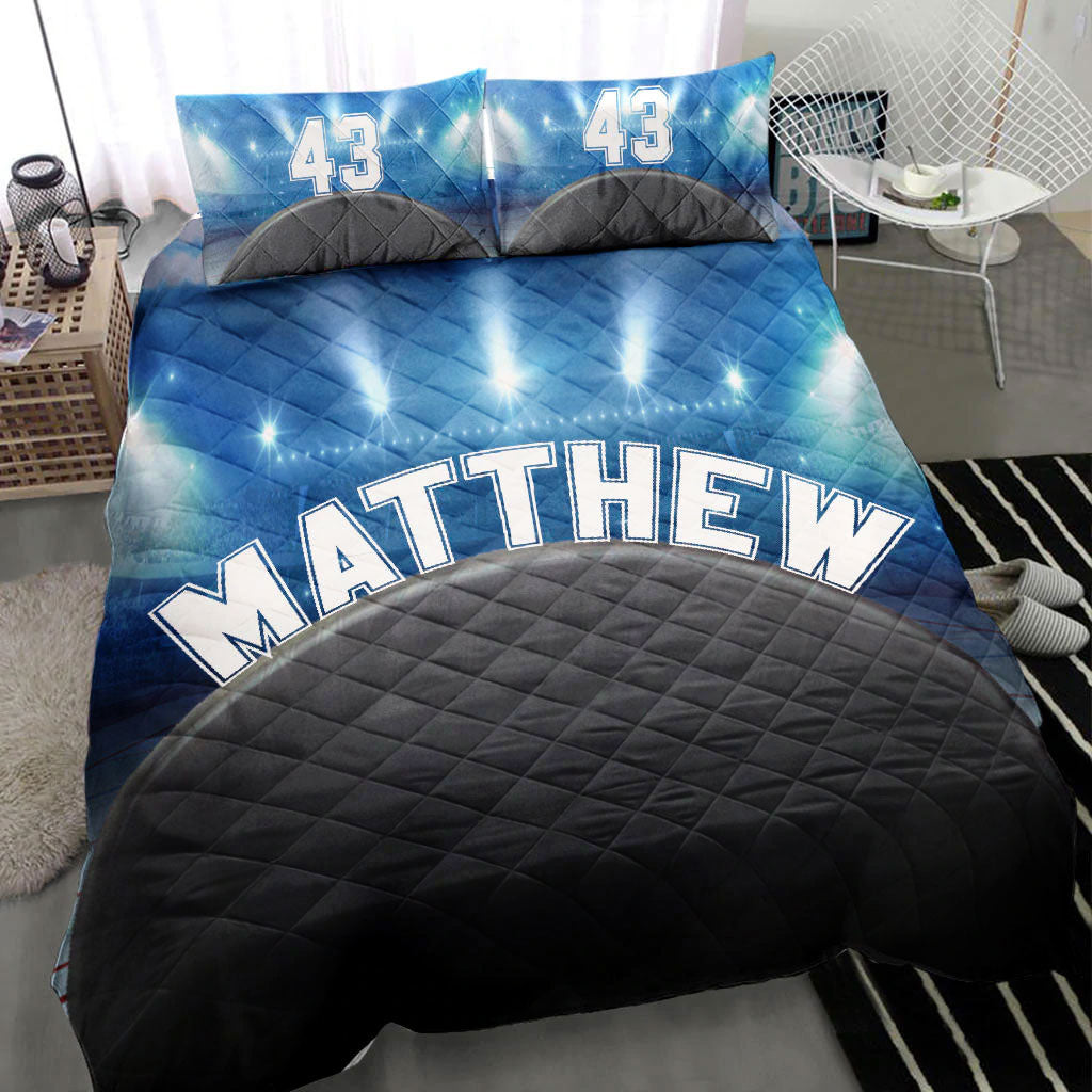 Ohaprints-Quilt-Bed-Set-Pillowcase-Hockey-Puck-Stadium-Player-Fan-Gift-Idea-Black-Blue-Custom-Personalized-Name-Blanket-Bedspread-Bedding-2228-Throw (55'' x 60'')