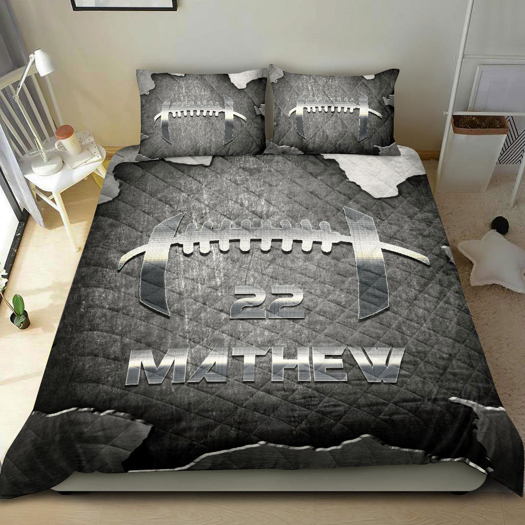 Ohaprints-Quilt-Bed-Set-Pillowcase-Football-Ball-Pattern-Metal-Player-Fan-Grey-Custom-Personalized-Name-Number-Blanket-Bedspread-Bedding-1061-Double (70'' x 80'')