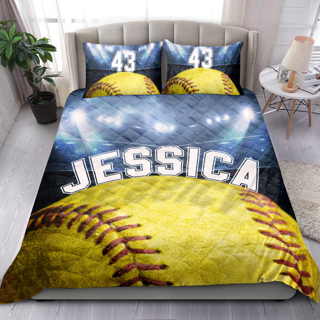 Ohaprints-Quilt-Bed-Set-Pillowcase-Softball-Ball-Stadium-Player-Fan-Blue-Yellow-Custom-Personalized-Name-Number-Blanket-Bedspread-Bedding-998-Throw (55'' x 60'')