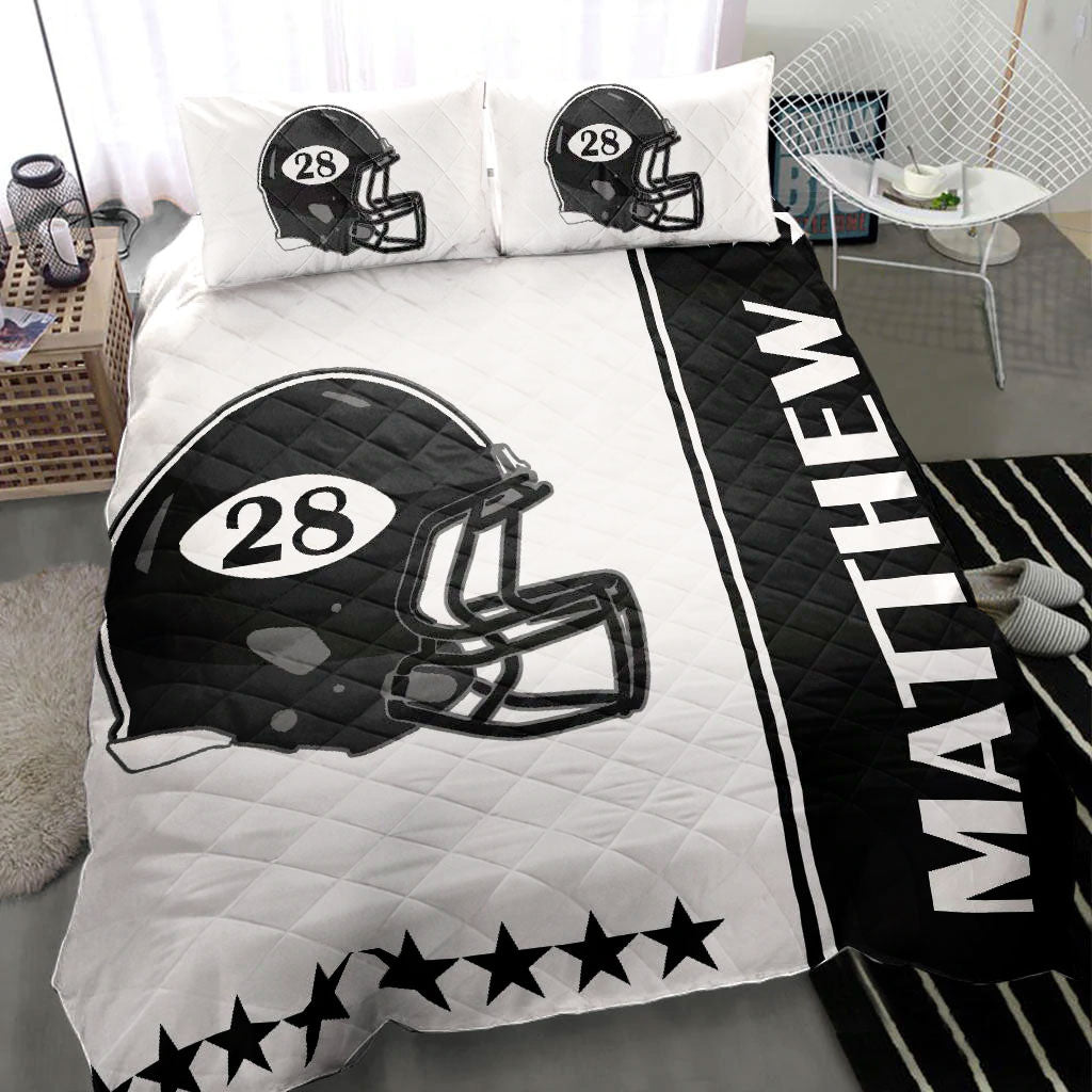 Ohaprints-Quilt-Bed-Set-Pillowcase-Football-Helmet-Black-White-Player-Fan-Gift-Custom-Personalized-Name-Number-Blanket-Bedspread-Bedding-2758-Throw (55'' x 60'')