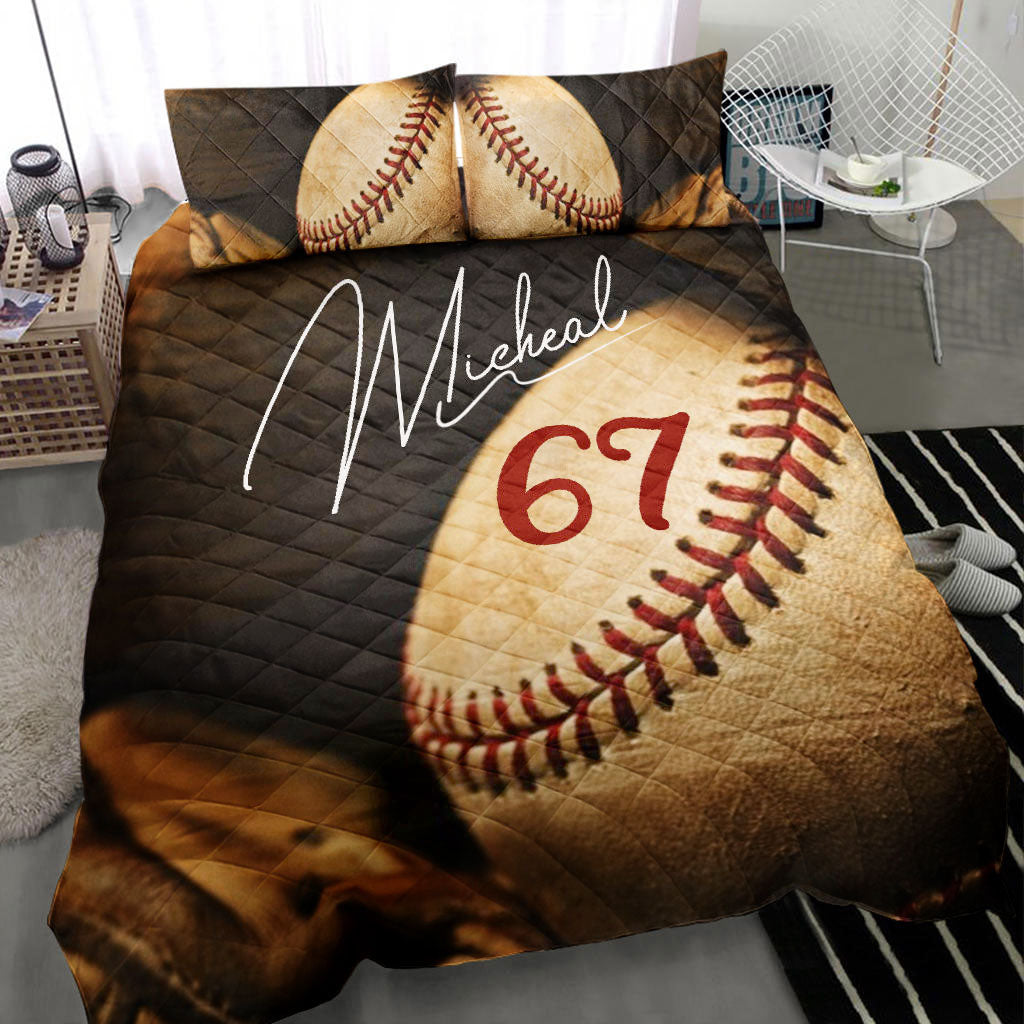 Ohaprints-Quilt-Bed-Set-Pillowcase-Baseball-Glove-Ball-Vintage-Player-Fan-Gift-Custom-Personalized-Name-Number-Blanket-Bedspread-Bedding-1063-Throw (55'' x 60'')