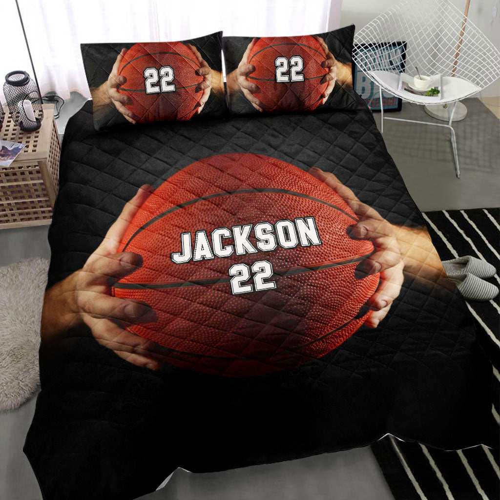 Ohaprints-Quilt-Bed-Set-Pillowcase-Basketball-Hand-Ball-Player-Fan-Gift--Black-Custom-Personalized-Name-Number-Blanket-Bedspread-Bedding-408-Throw (55'' x 60'')