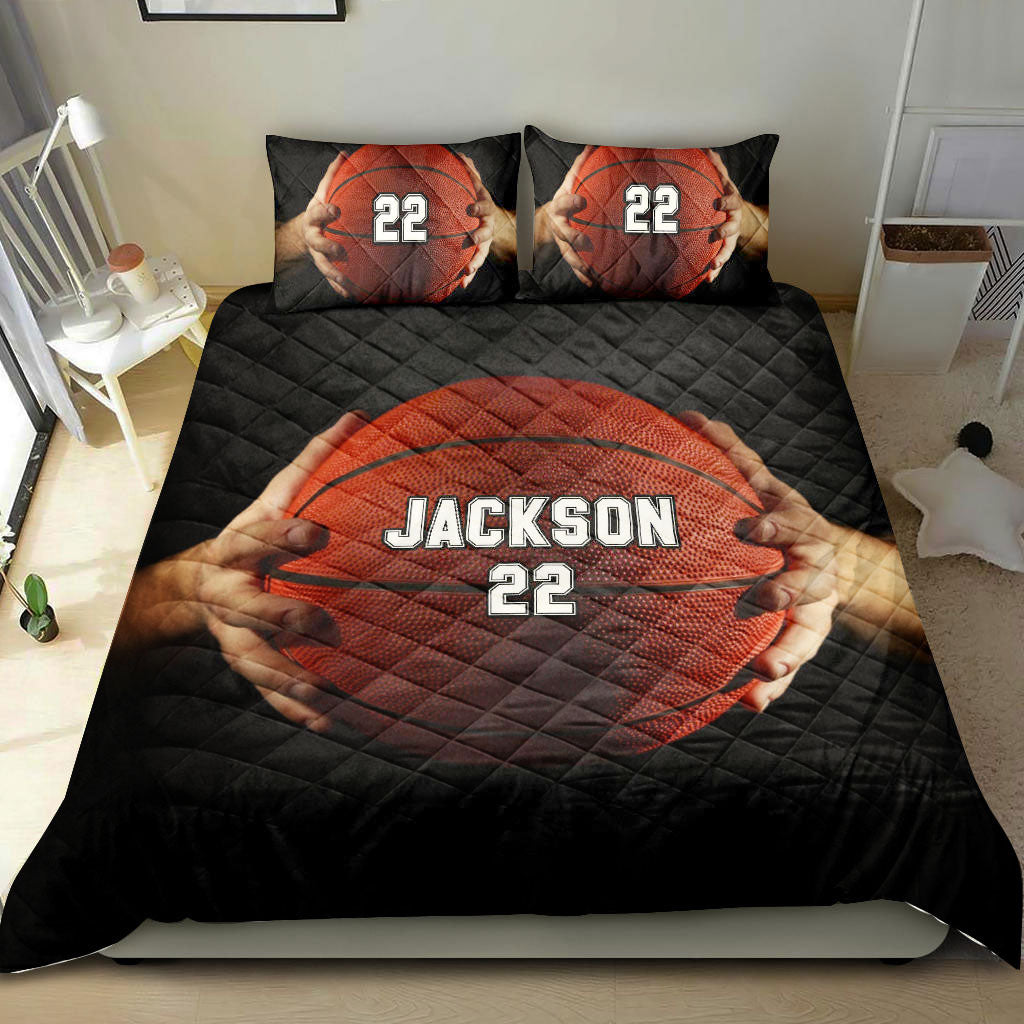 Ohaprints-Quilt-Bed-Set-Pillowcase-Basketball-Hand-Ball-Player-Fan-Gift--Black-Custom-Personalized-Name-Number-Blanket-Bedspread-Bedding-408-Double (70'' x 80'')