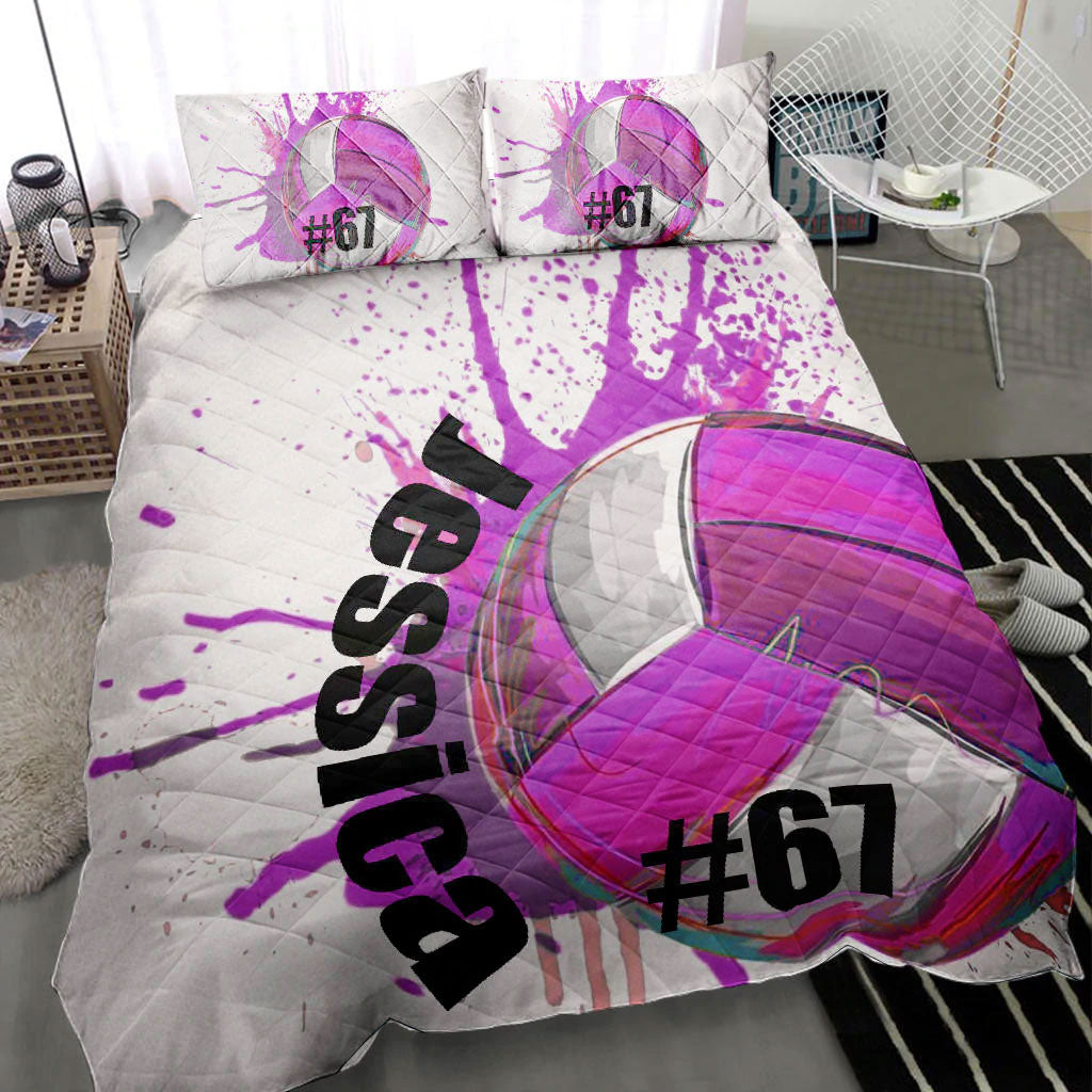 Ohaprints-Quilt-Bed-Set-Pillowcase-Volleyball-Ball-Purple-Watercolor-Player-Fan-Custom-Personalized-Name-Number-Blanket-Bedspread-Bedding-1649-Throw (55'' x 60'')