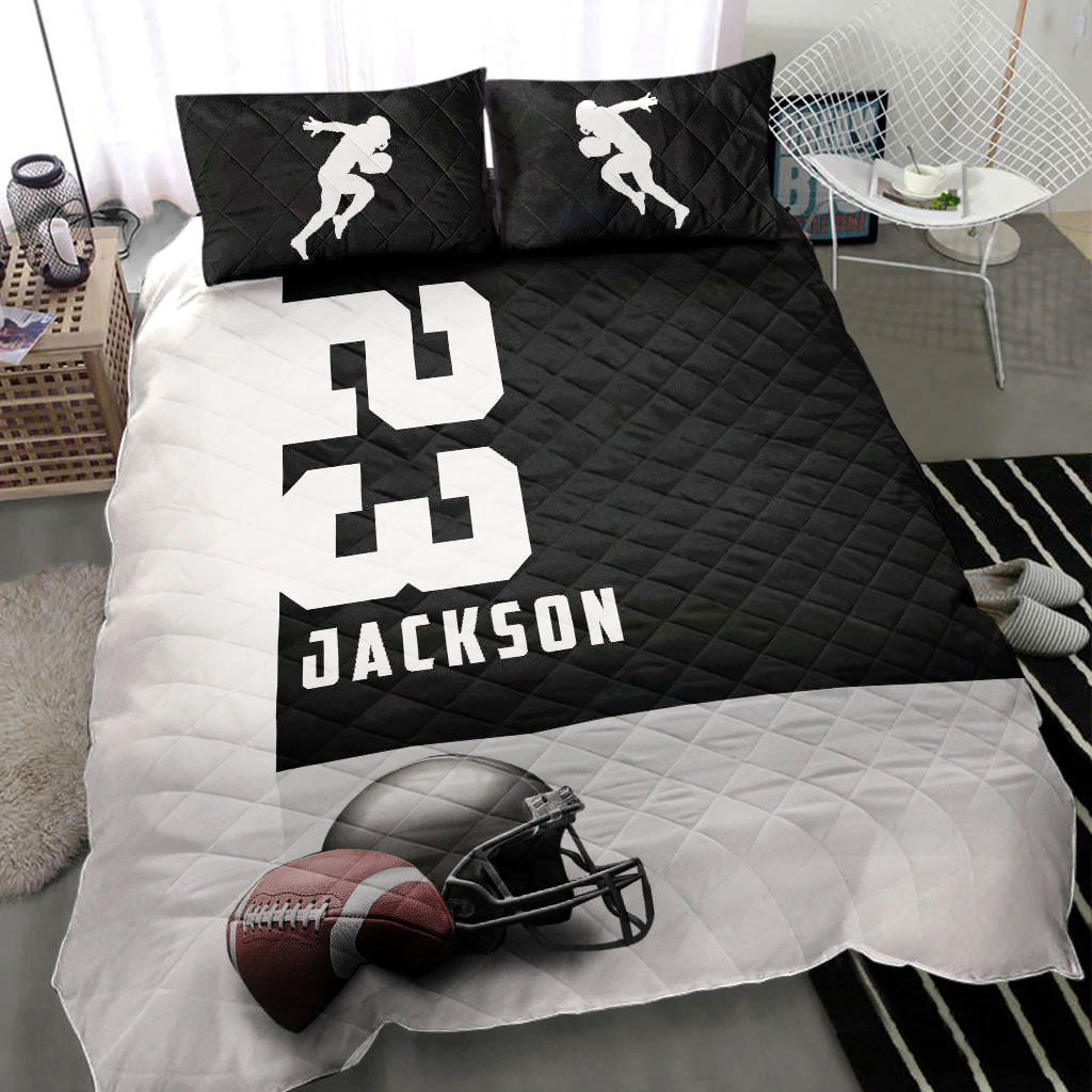 Ohaprints-Quilt-Bed-Set-Pillowcase-Football-Ball-Helmet-Black-White-Player-Fan-Custom-Personalized-Name-Number-Blanket-Bedspread-Bedding-2235-Throw (55'' x 60'')