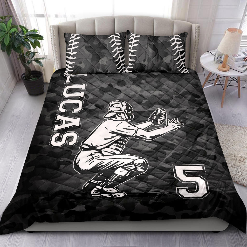 Ohaprints-Quilt-Bed-Set-Pillowcase-Baseball-Catcher-Black-Camo-Player-Fan-Gift-Custom-Personalized-Name-Number-Blanket-Bedspread-Bedding-2170-Double (70'' x 80'')