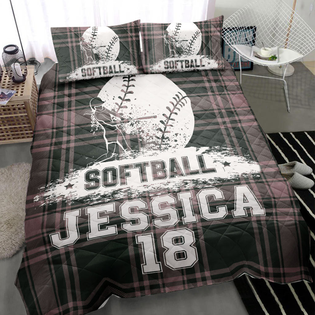 Ohaprints-Quilt-Bed-Set-Pillowcase-Softball-Ball-Batter-Checkered-Player-Fan-Gift-Custom-Personalized-Name-Number-Blanket-Bedspread-Bedding-2764-Throw (55'' x 60'')