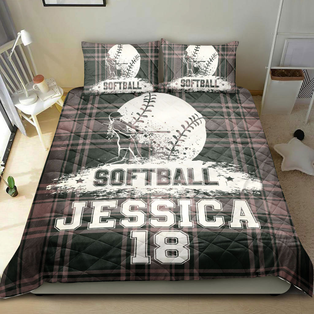 Ohaprints-Quilt-Bed-Set-Pillowcase-Softball-Ball-Batter-Checkered-Player-Fan-Gift-Custom-Personalized-Name-Number-Blanket-Bedspread-Bedding-2764-Double (70'' x 80'')