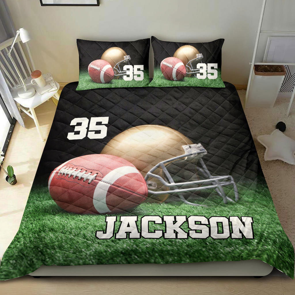 Ohaprints-Quilt-Bed-Set-Pillowcase-Football-Ball-Helmet-On-Grass-Player-Fan-Gift-Custom-Personalized-Name-Number-Blanket-Bedspread-Bedding-2766-Throw (55'' x 60'')