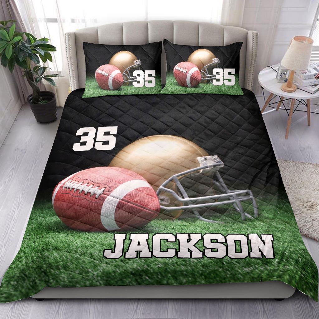 Ohaprints-Quilt-Bed-Set-Pillowcase-Football-Ball-Helmet-On-Grass-Player-Fan-Gift-Custom-Personalized-Name-Number-Blanket-Bedspread-Bedding-2766-Double (70'' x 80'')