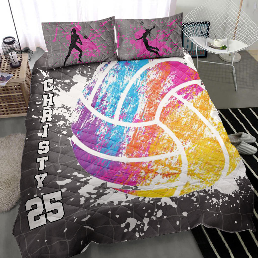 Ohaprints-Quilt-Bed-Set-Pillowcase-Volleyball-Watercolor-Ball-Player-Fan-Grey-Custom-Personalized-Name-Number-Blanket-Bedspread-Bedding-1588-Throw (55'' x 60'')