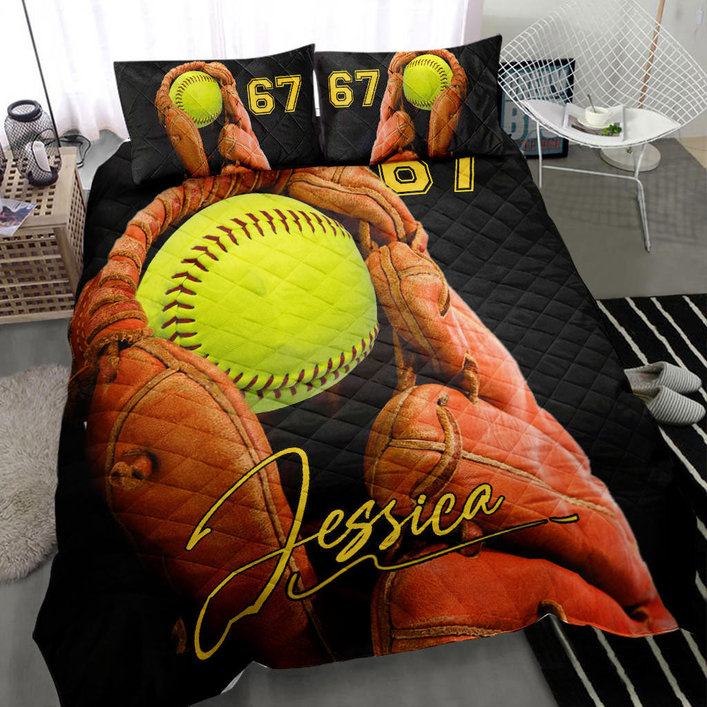 Ohaprints-Quilt-Bed-Set-Pillowcase-Softball-Gloves-Ball-Player-Fan-Unique-Gift-Custom-Personalized-Name-Number-Blanket-Bedspread-Bedding-2236-Throw (55'' x 60'')