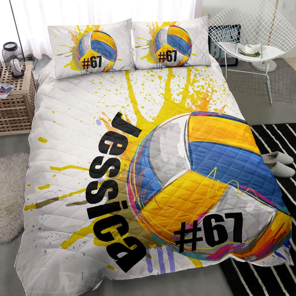 Ohaprints-Quilt-Bed-Set-Pillowcase-Volleyball-Ball-Watercolor-Player-Fan-White-Custom-Personalized-Name-Number-Blanket-Bedspread-Bedding-479-Throw (55'' x 60'')