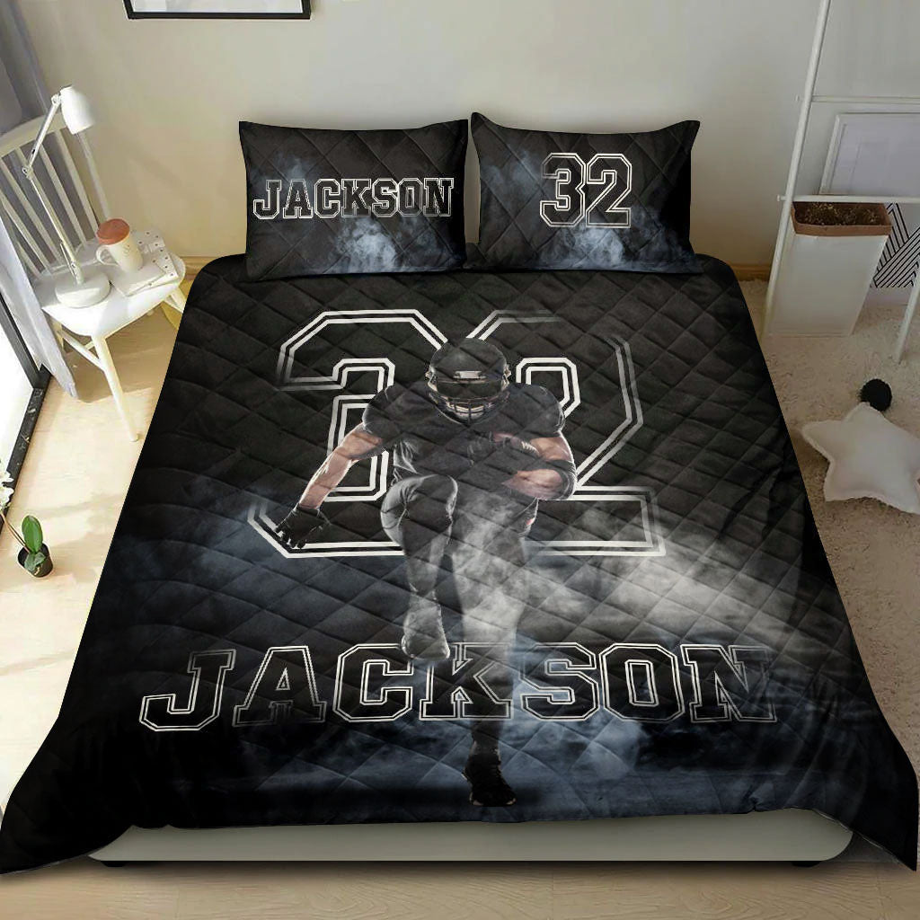 Ohaprints-Quilt-Bed-Set-Pillowcase-Footballs-Boy-Smoke-Player-Fan-Gift-Idea-Black-Custom-Personalized-Name-Number-Blanket-Bedspread-Bedding-2237-Double (70'' x 80'')