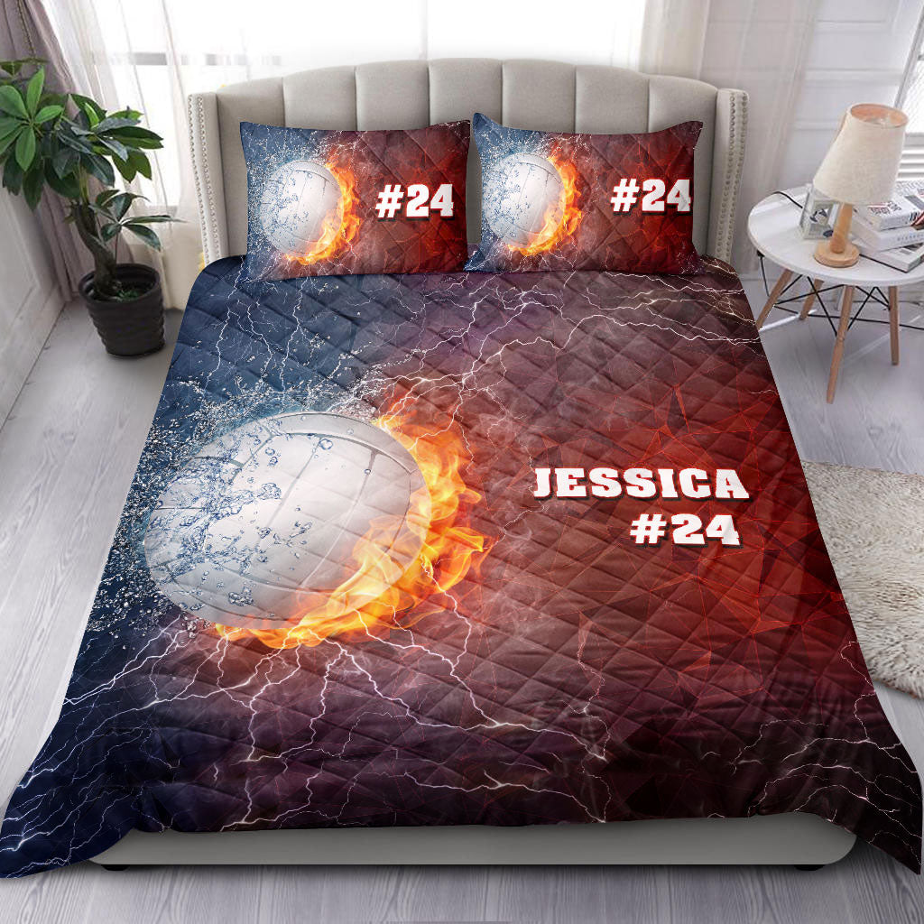 Ohaprints-Quilt-Bed-Set-Pillowcase-Volleyball-Ball-Thunder-Blue-Red-Player-Fan-Custom-Personalized-Name-Number-Blanket-Bedspread-Bedding-2832-Double (70'' x 80'')