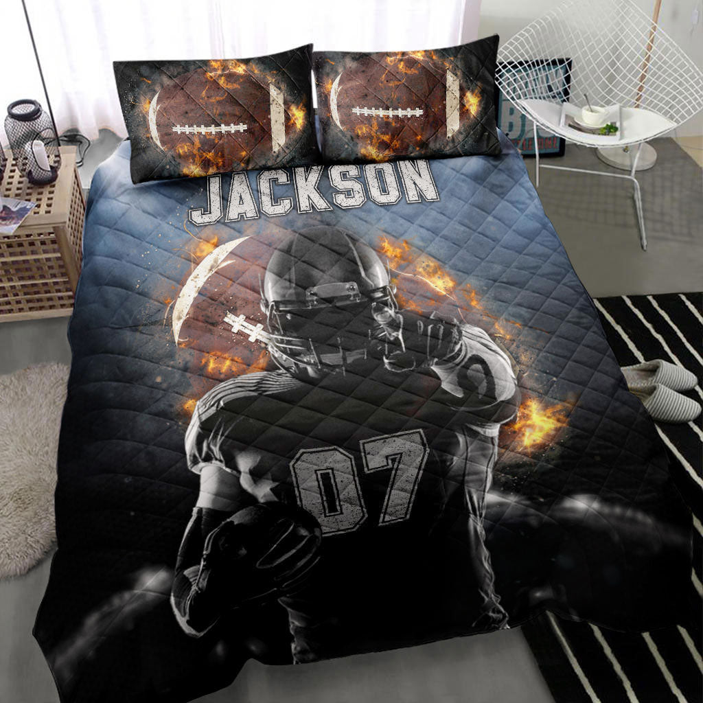 Ohaprints-Quilt-Bed-Set-Pillowcase-Footballs-Boy-Fire-Player-Fan-Gift-Idea-Black-Custom-Personalized-Name-Number-Blanket-Bedspread-Bedding-481-Throw (55'' x 60'')
