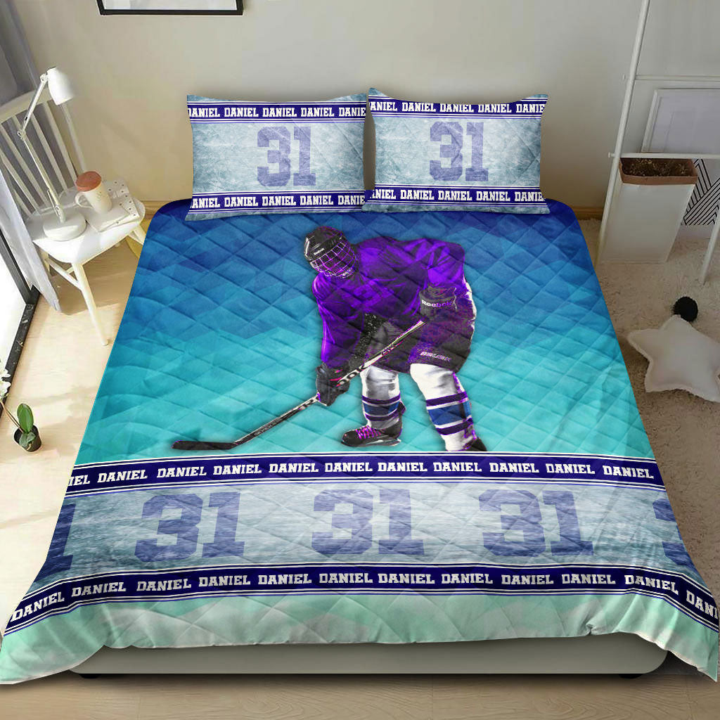 Ohaprints-Quilt-Bed-Set-Pillowcase-Ice-Hockey-Player-Fan-Unique-Gift-Idea-Blue-Custom-Personalized-Name-Number-Blanket-Bedspread-Bedding-1072-Double (70'' x 80'')