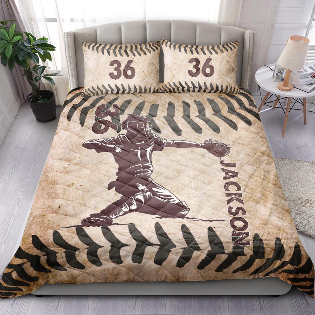 Ohaprints-Quilt-Bed-Set-Pillowcase-Baseball-Catcher-Beige-Player-Fan-Gift-Vintage-Custom-Personalized-Name-Number-Blanket-Bedspread-Bedding-1015-Double (70'' x 80'')