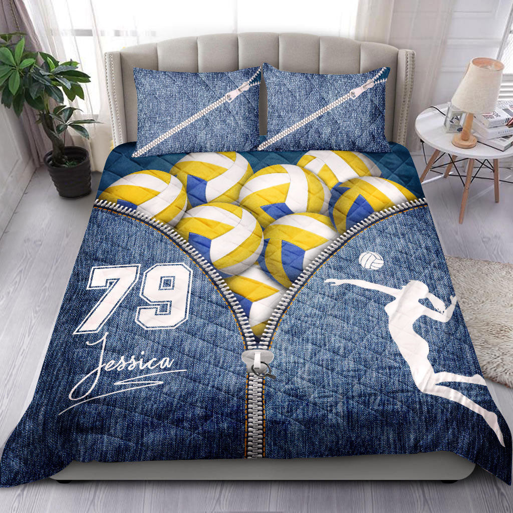 Ohaprints-Quilt-Bed-Set-Pillowcase-Volleyball-Girl-Ball-Zip-Jean-Blue-Player-Fan-Custom-Personalized-Name-Number-Blanket-Bedspread-Bedding-2775-Double (70'' x 80'')