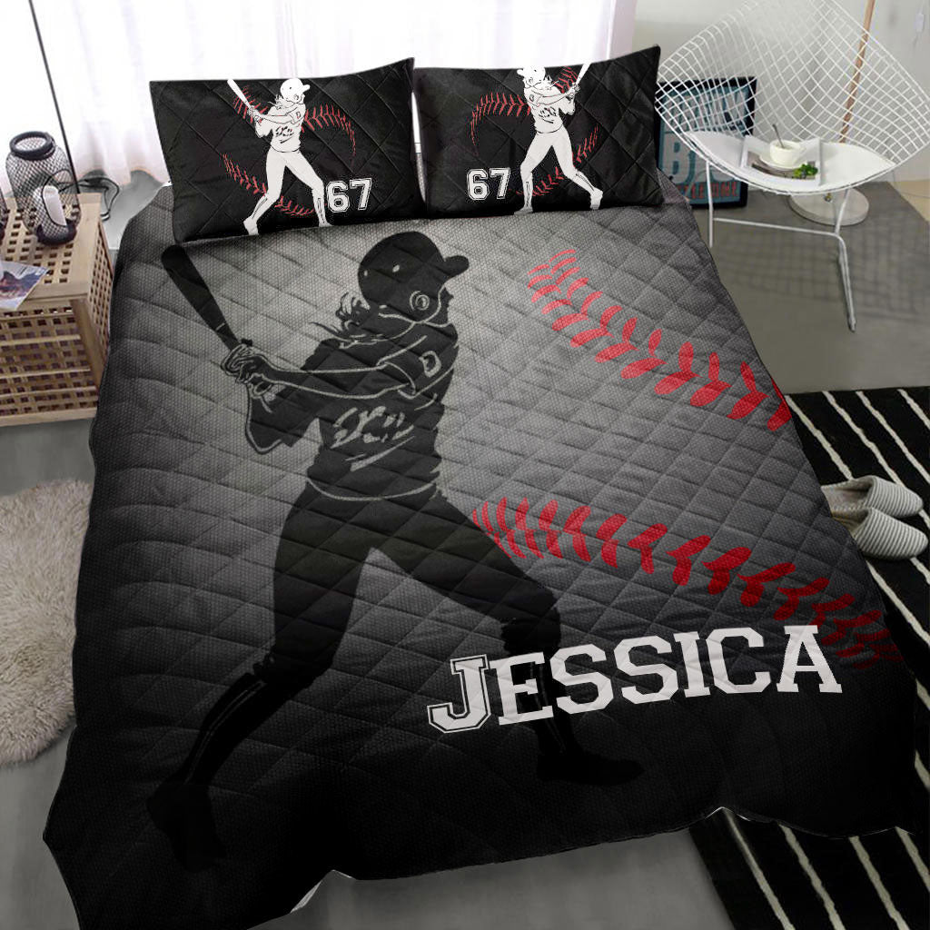 Ohaprints-Quilt-Bed-Set-Pillowcase-Softball-Batter-Girl-Grey-Black-Player-Fan-Custom-Personalized-Name-Number-Blanket-Bedspread-Bedding-2835-Throw (55'' x 60'')