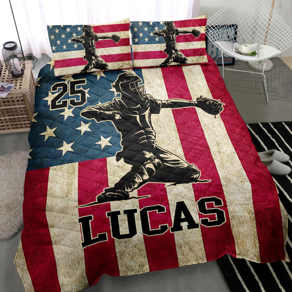 Ohaprints-Quilt-Bed-Set-Pillowcase-Baseball-Catcher-America-Us-Flag-Player-Fan-Custom-Personalized-Name-Number-Blanket-Bedspread-Bedding-1598-Throw (55'' x 60'')