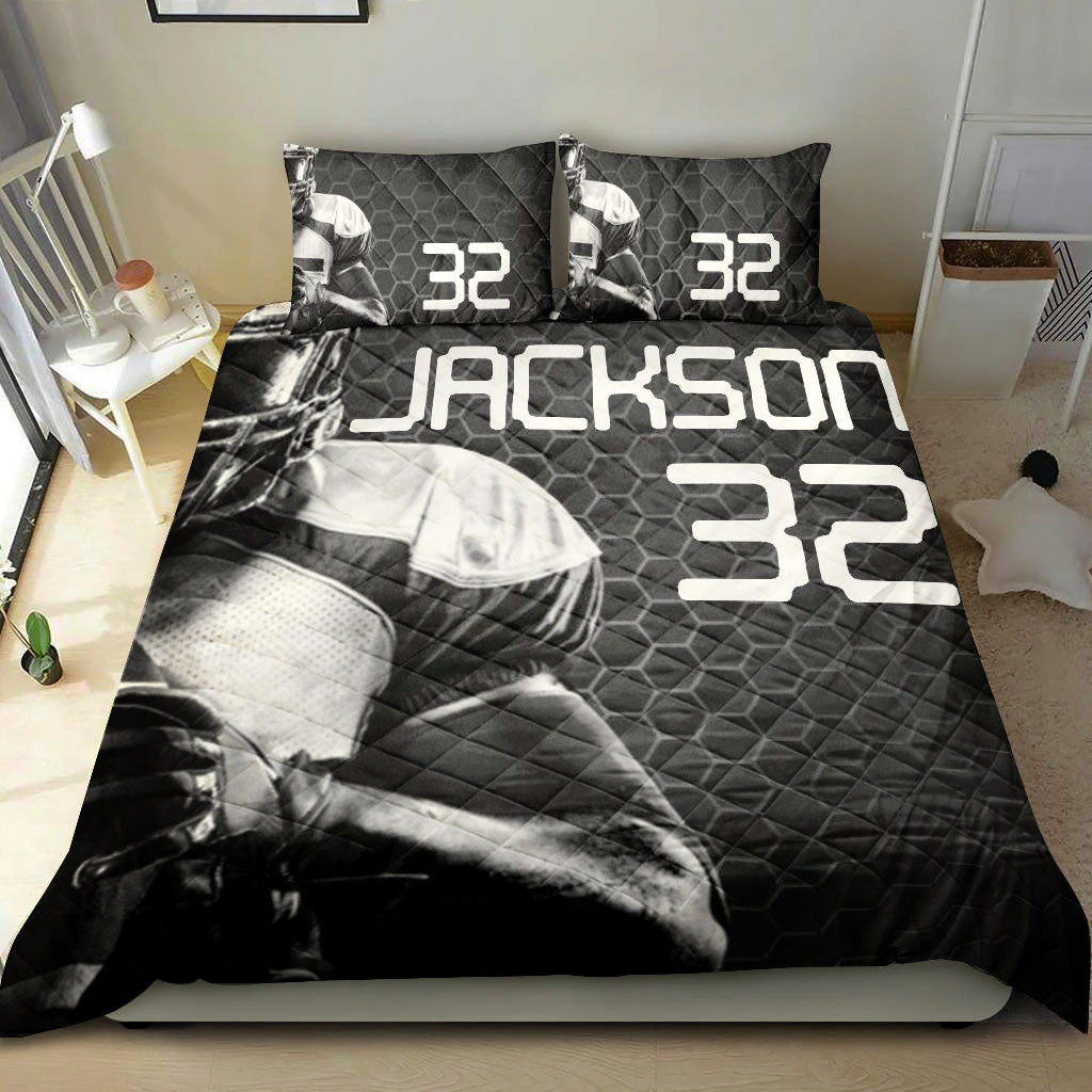 Ohaprints-Quilt-Bed-Set-Pillowcase-Football-Boy-Hexagon-Player-Fan-Gift--Black-Custom-Personalized-Name-Number-Blanket-Bedspread-Bedding-2779-Throw (55'' x 60'')