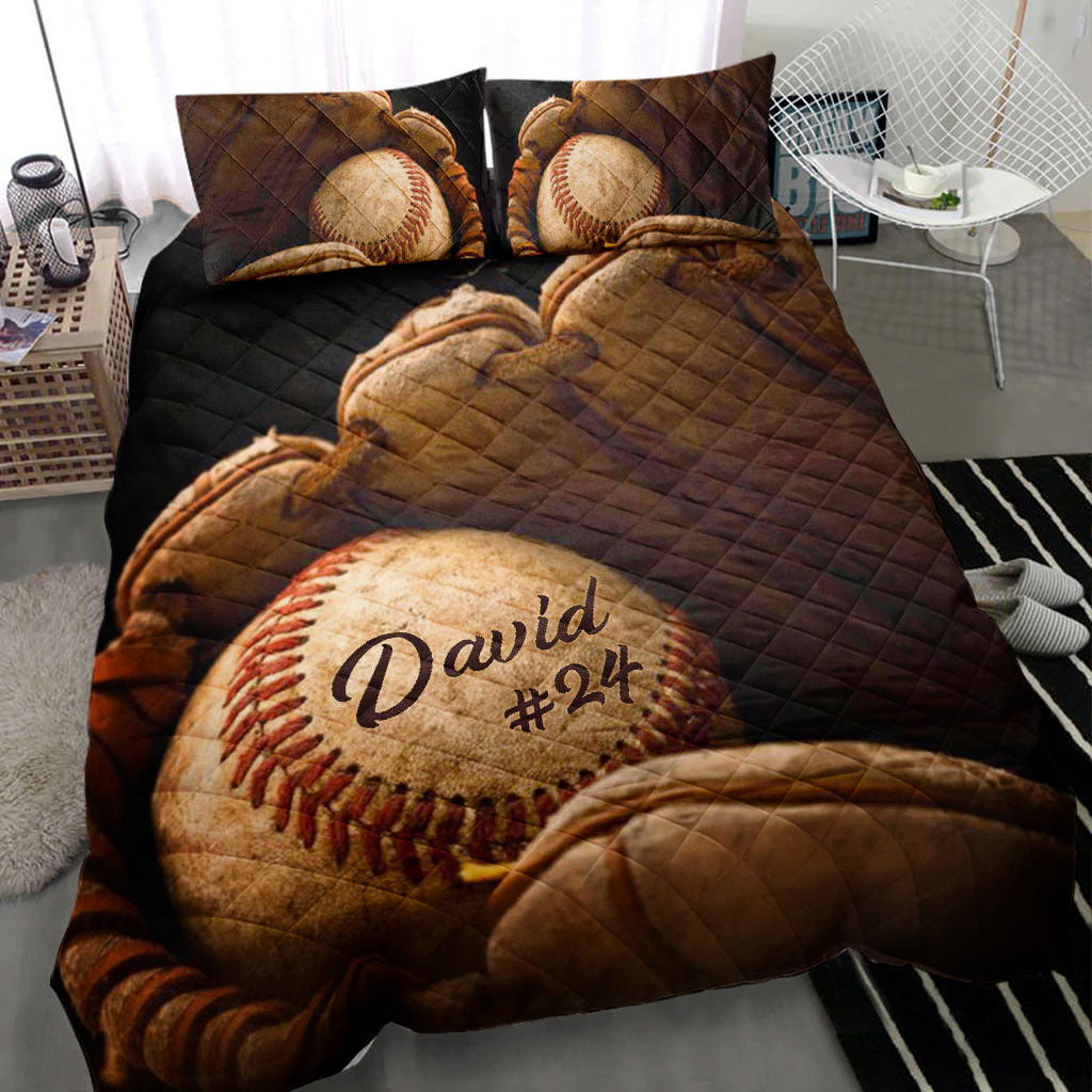 Ohaprints-Quilt-Bed-Set-Pillowcase-Baseball-Glove-Ball-Player-Fan-Gift-Idea-Brown-Custom-Personalized-Name-Number-Blanket-Bedspread-Bedding-1075-Throw (55'' x 60'')