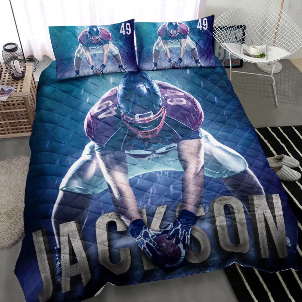 Ohaprints-Quilt-Bed-Set-Pillowcase-Football-Player-Posing-Fan-Gift-Idea-Blue-Custom-Personalized-Name-Number-Blanket-Bedspread-Bedding-1076-Throw (55'' x 60'')