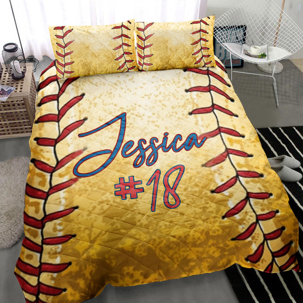 Ohaprints-Quilt-Bed-Set-Pillowcase-Softball-Pattern-Player-Fan-Yellow-Vintage-Custom-Personalized-Name-Number-Blanket-Bedspread-Bedding-2784-Throw (55'' x 60'')