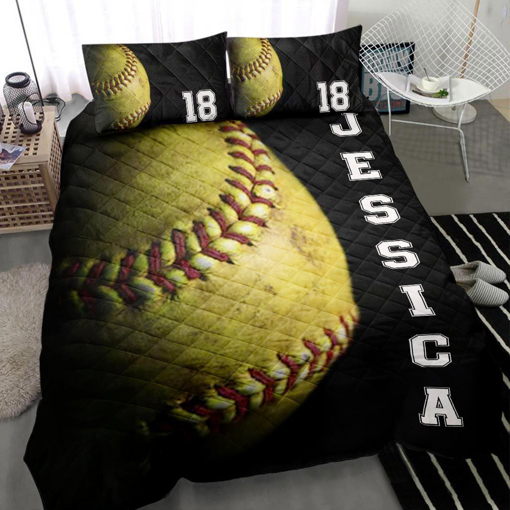 Ohaprints-Quilt-Bed-Set-Pillowcase-Softball-Ball-3D-Player-Fan-Vintage-Gift-Black-Custom-Personalized-Name-Number-Blanket-Bedspread-Bedding-488-Throw (55'' x 60'')