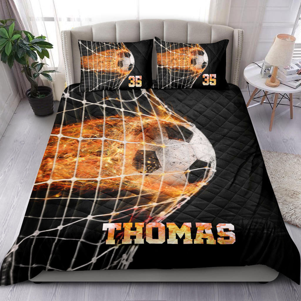 Ohaprints-Quilt-Bed-Set-Pillowcase-Fire-Soccer-Ball-In-Net-Player-Fan-Gift-Black-Custom-Personalized-Name-Number-Blanket-Bedspread-Bedding-2199-Throw (55'' x 60'')