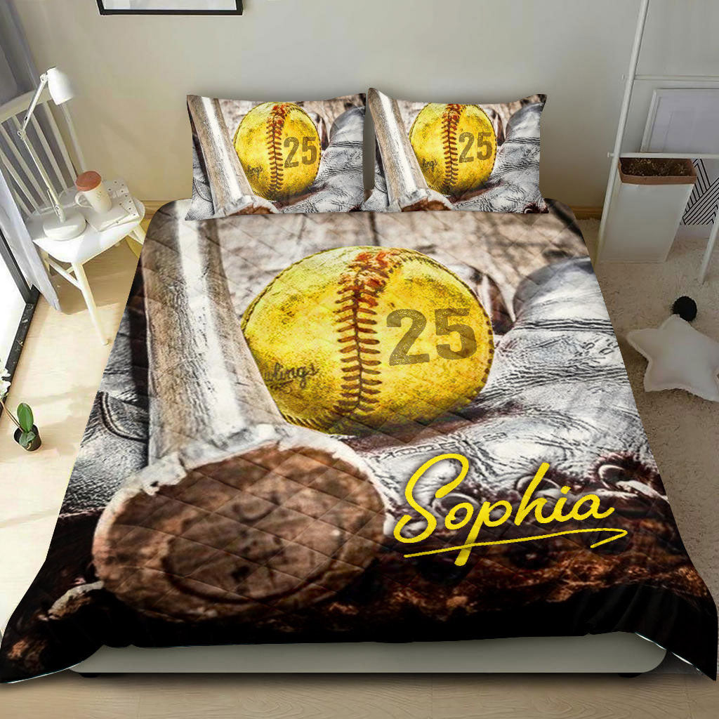 Ohaprints-Quilt-Bed-Set-Pillowcase-Softball-Ball-Bat-Vintage-Player-Gift-Idea-Custom-Personalized-Name-Number-Blanket-Bedspread-Bedding-442-Double (70'' x 80'')