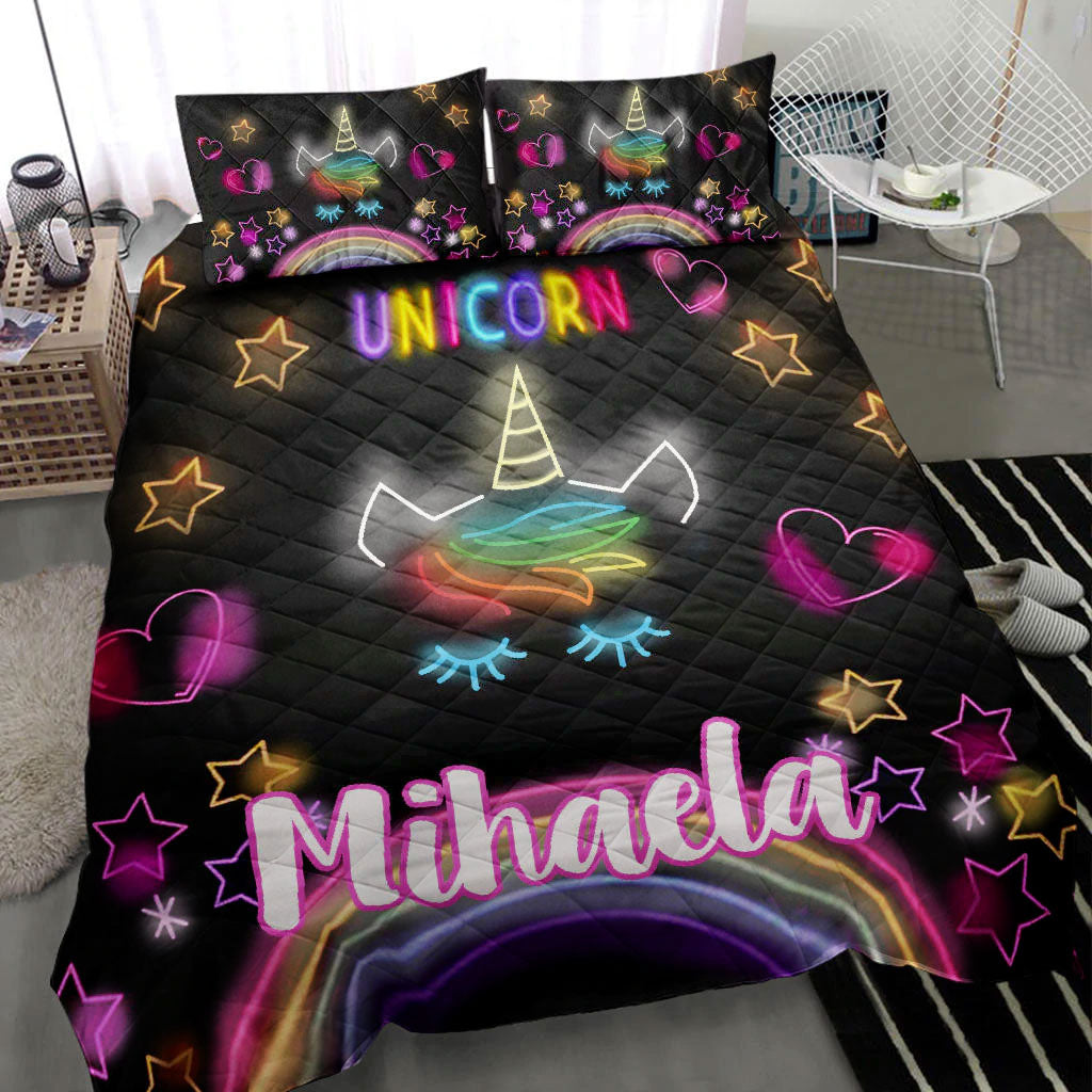 Ohaprints-Quilt-Bed-Set-Pillowcase-Unicorn-Rainbow-Star-Heart-Neon-Unique-Gift-Idea-Custom-Personalized-Name-Blanket-Bedspread-Bedding-1034-Throw (55'' x 60'')