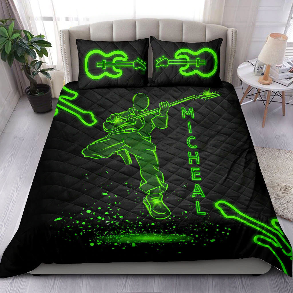 Ohaprints-Quilt-Bed-Set-Pillowcase-Electric-Bass-Guitarist-Neon-Green-Music-Theme-Gift-Custom-Personalized-Name-Blanket-Bedspread-Bedding-447-Throw (55'' x 60'')