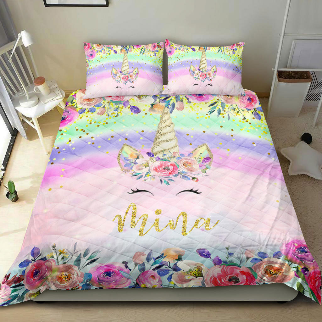 Ohaprints-Quilt-Bed-Set-Pillowcase-Floral-Unicorn-Girl-Flower-Rainbow-Pink-Unique-Gift-Custom-Personalized-Name-Blanket-Bedspread-Bedding-2800-Throw (55'' x 60'')